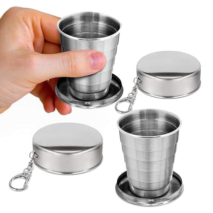 Collapsible Shot Glass with Lid - 2.5Oz (75ml) Stainless Steel Travel Shot Glasses, Rust & Bend Resistant, Keychain for Easy Portability - Collapsible Cups for Traveling, Fishing, Camping | Travel Shot Glasses; Rust-, Weather- and Bend-Resistant; Keychain