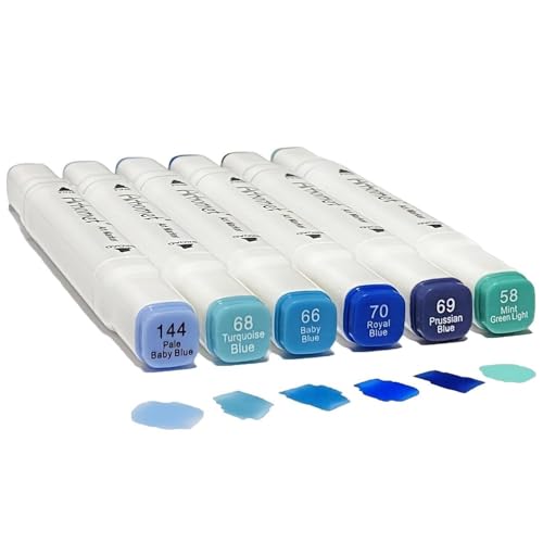 Arhomet 6Pcs Blue Colors Sea Ocean Sky Alcohol Markers Set, Dual Tips Art Markers Clear Blending Pen Drawing Sketched Double Tipped for Adults Artists (Blue) - color: Blue