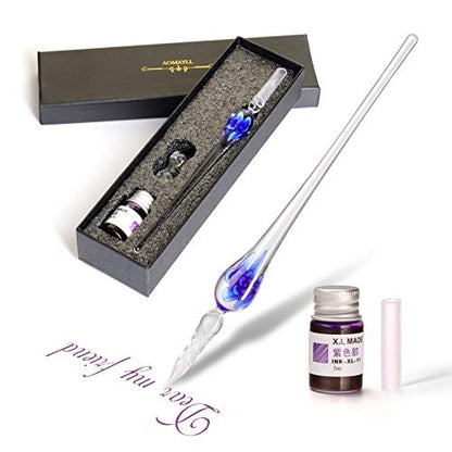 glass ink pen,Glass Dip Pen Set -Calligraphy Pen Signature Pen Writting ，Christmas Gifts Business Gifts Holiday Gift (Blue flower)