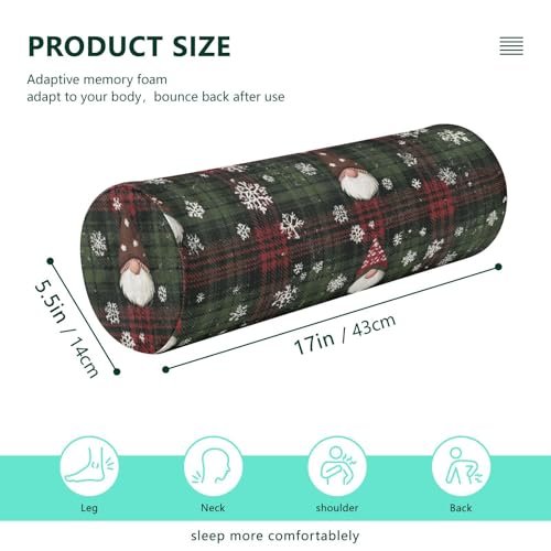 Christmas Gingham Gnome and Snowflakes Neck Roll Pillow Bolster Round Health Memory Foam Long Cervical Cylinder Pillows with Removable Washable Cover for Body Bed Legs Back Yoga - color: Christmas Gingham Gnome and Snowflakes