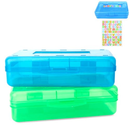 Green Large Plastic Pencil Organizer - Crayon Box, Hard Case, Blue 2 Pack - color: Blue Green