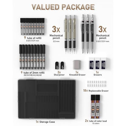 Nicpro 35PCS Art Mechanical Pencil Set, 3 PCS Metal Drafting Pencil | 0.5 & 0.7 & 0.9mm & 3 PCS 2mm Lead Holder (6B 4B 2B HB 2H 4H Colors) For Sketching Drawing With 20 Tube Lead Refills Case - color: Black, style: 0.5 0.7 0.9 2.0