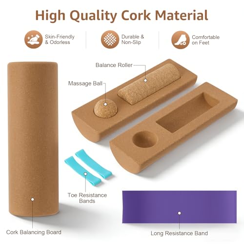 Natural Cork 5 in 1 Balance Board Kit, Foot & Ankle Strengthener with Massage Roller, Ball, Toe & Yoga Resistance Bands, Balance Trainer for Stability, Foot Strength, Pain Relief & Home Fitness