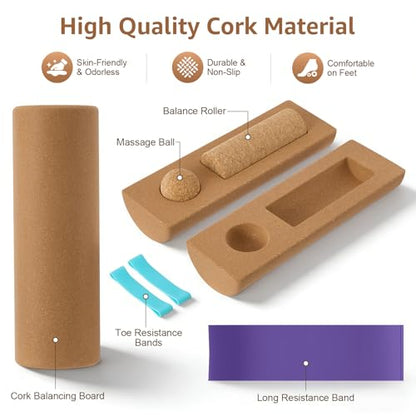 Natural Cork 5 in 1 Balance Board Kit, Foot & Ankle Strengthener with Massage Roller, Ball, Toe & Yoga Resistance Bands, Balance Trainer for Stability, Foot Strength, Pain Relief & Home Fitness