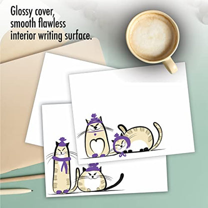 The Best Card Company - 10 Blank Yoga Note Cards (4x 5.12 Inch) - Boxed Notecards with Envelopes, Cute Animal Cards, Zen Assortment - Purple Purrs M3966 - style: Purple Purrs