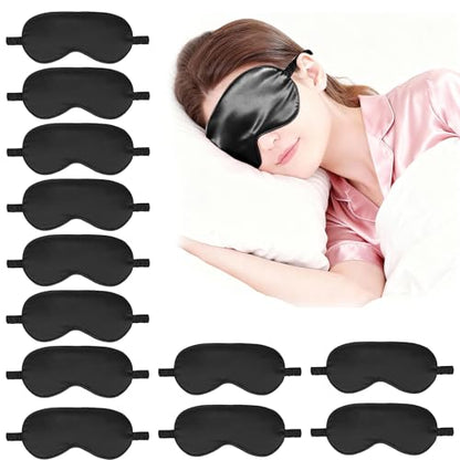 12PACK Silky Sleep Masks Satin Eye Mask Silk Eyes Cover for Sleeping Blackout Eyeshades Soft Blindfold Travel Nap Gifts - color: Black