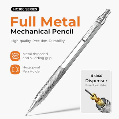 4PCS Metal Mechanical Pencil Set, 0.5mm+0.7mm, Storage Case, Black＆Silver | 480 Lead Refills, 3 Erasers, 9 Eraser Refills, Smooth Writing, Anti Grip, for Sketching, Technical Drawing, Art Projects - color: Silver+Black (4PCS)