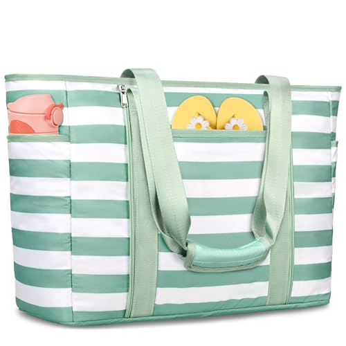 Extra Large Beach Bags for Women, Waterproof Sandproof Beach Tote Bag Foldable Swim Pool Bag with Zipper and Wet Pocket - color: Green and White