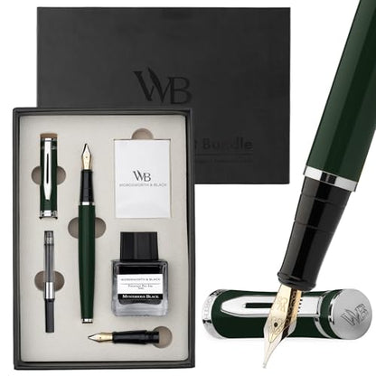 Wordsworth & Black Fountain Pen Gift Set, Medium & Extra Fine Nib, Green | For Men & Women, Brass Body, 18K German Iridium, Ink Bottle + 6 Cartridges, Converter, Writing & Calligraphy, Journaling - color: Green Chrome