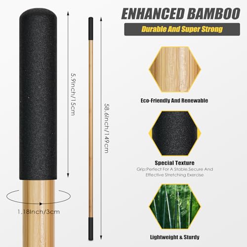 Bamboo Dowel Rod, 5ft/149 cm, Flexibility Stick for Physical Therapy | Premium Yoga Stick with Super Sturdy Rubber Handle Ends, Exercise Bar for Posture Corrector, Stretch - color: Bamboo-normal