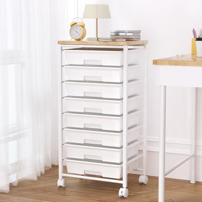 Rolling Cart with 8 Drawers, Storage Drawers Cart with Wooden Tabletop and Lockable Wheels, Craft Storage for Living Room, Office, Classroom, Craft Room, Bedroom - color: White