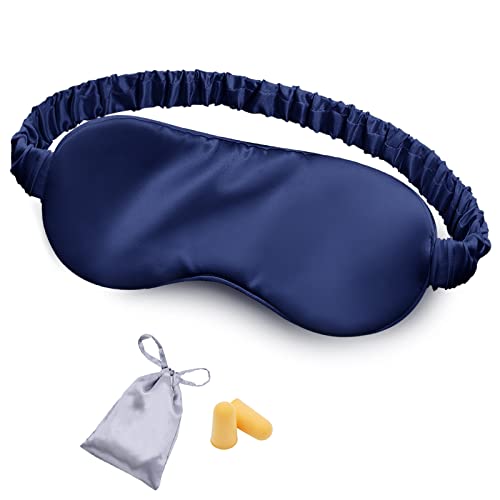 Silk Sleep Mask Eye Mask Blindfold with Double Layer Silk Filling and Elastic Strap for Full Night's Sleep, Travel and Nap, Soft Eye Cover Eyeshade with Luxury Bag and Ear Plugs by OLESILK (Navy Blue) - color: Navy