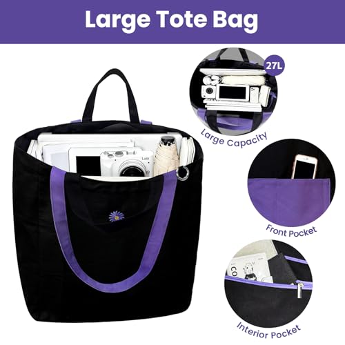 Commuter Tote Bag for Women, Black Canvas Shopping Tote, 27L Everyday Work Bag with Zip Top, 2 Outer Pockets, Short Handles, Inner Zipper Pocket, Utility Carryall for Laptop, Lunch and Grocery Runs