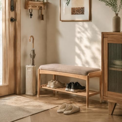 Oak Wood Shoe Bench, 40 Inch Entryway Bench with Gray Cushion - color: Natural + Gray Cushion, size: 39.37"