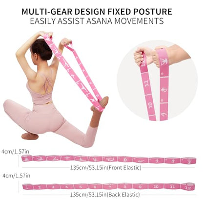 Yoga Blocks 2 Pack with Elastic Stretch Band & Bag – High Density Foam Yoga Blocks for Stability, Deep Stretching & Balance, 12-Loop Resistance Strap for Yoga, Pilates, Dance & Flexibility Training - color: Pink+Pink