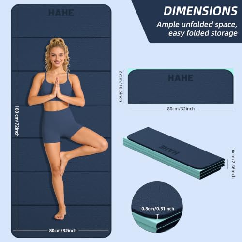 HAHE Foldable Yoga Exercise Mat, 74"Lx32"Wx1/3"Thick, TPE Workout Mat - color: Navy Blue+Green
