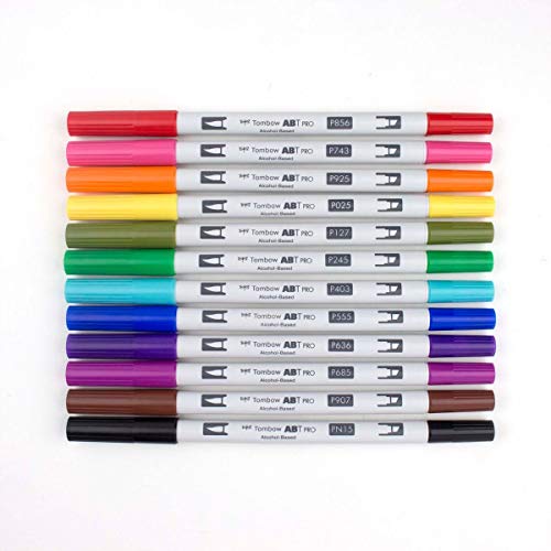 Tombow 56961 ABT PRO Alcohol Markers, Basic Palette, Set of 12 Colors - Dual Tip, Permanent Art Markers Feature Chisel and Brush Tips Perfect for Coloring, Sketching, and Illustration - color: Basic Palette, size: 1 Count (Pack of 12)