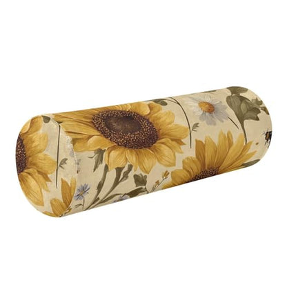 Bolster Pillow Neck Pillow Round Soft Health Memory Foam Pillows Long Cylindrical Body Pillow with Removable Cover Cute Back Yoga Beige Sunflowers and Daisy Bees01 17" x 5.5" - color: Beige Sunflowers and Daisy Bees01
