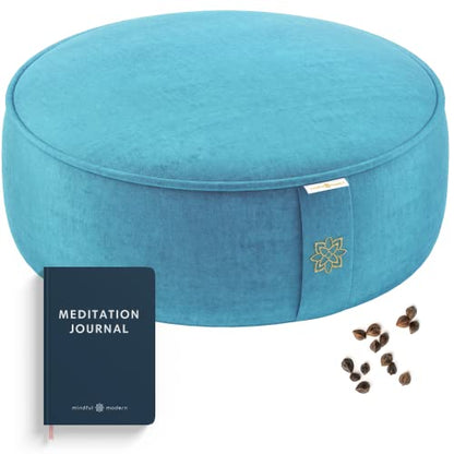 Mindful Modern Velvet Meditation Cushion | Luxe Zafu Yoga Floor Pillow Seat | Posture Support | Buckwheat Hull Filled | Large Round Cushion with Removable Washable Cover + Carry Handle - color: Tropical