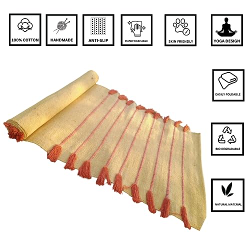 Jaipur art & Rugs Cotton Yoga Mat - Eco-Friendly Hand-Woven Rug - Non Slip & Thick (24”x72”x5mm) for Everyday Fitness at Home - Comfortable Extra-Long - color: Red Yellow