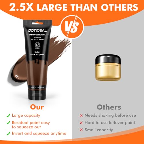 GOTEIDAL Acrylic Paint Burnt Umber Tubes (250ml / 8.45oz) Brown Paint | Art Craft Paints, Rich Pigments Non Toxic for Canvas Painting, Rock, Stone, Wood, Art Supplies - color: Umber