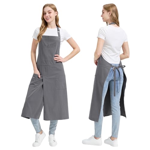 Molaxhome Split Pottery Apron with 3 Pockets Unisex with Adjustable Strap | Cotton Blend,Kitchen Apron,for Ceramics,Gardening,Kitchen Cooking - color: Grey