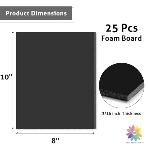 Mat Board Center 8x10x3/16" Black High-Grammage Foam Core Boards Pack of 25 | Acid Free, Polystyrene, Warp-Resistant, Double-Sided Foam Poster Board, Easy to Cut & Write for Display, Draw, Crafts & Art - color: Black, size: 8x10