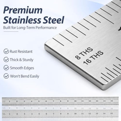 EBOOT 2 Pcs Stainless Steel Ruler Machinist Engineer Ruler with Markings 1/8, 1/16, 1/32, 1/64 Inch for Engineering, School, Office, Architect, and Drawing (16 Inch) - size: 16 Inch