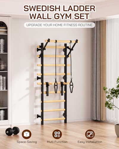 Cofiyard Swedish Ladder Wall Gym, Wooden Wall-Mounted Stall Bars with Pull-up Bar & Exercise Straps & Dip Bars, Stretching Ladder Full Body Home Gym Adults New - color: Black