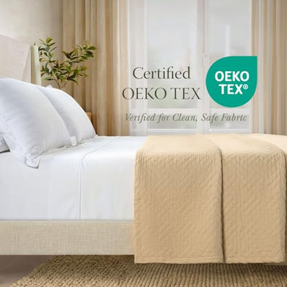 Threadmill Luxury Cotton Blankets for Queen Size Bed | All-Season 100% Cotton Queen Size Blanket | Criss Cross Jacquard Cozy Lightweight, Soft Breathable Coverlet fits Full Size Bed, 90x92 | Beige - color: Classic Beige, size: Queen / Full