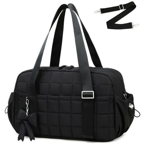 CAMTOP Mini Gym Bag for Women, Small Gym Tote Bag Puffy Quilted Sports Duffel Bag with Wet Compartment and Coin Purse Duffel Bags Dance Yoga Workout Bag for Gifts (Black, Medium-16") - color: Black, size: Medium-16"