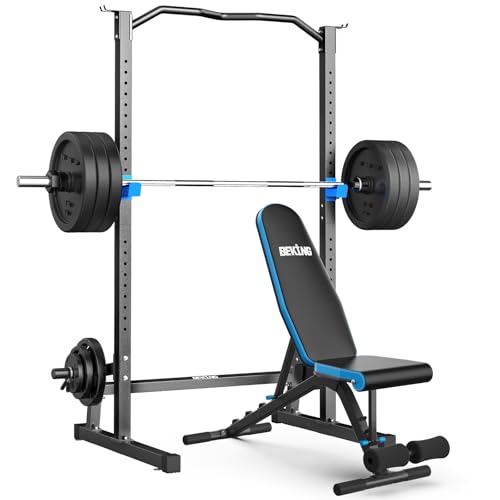 BEKING Squat Rack,All-in-ONE Power Rack Cage with Pull Up Bar,Adjustable Power Cage with Barbell Rack & Weight Plate Storage,Strength Training Workout Station for Home Gym Fitness,Space-Saving Design - color: Squat Rack with Bench
