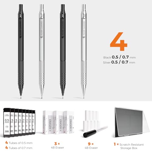 4PCS Metal Mechanical Pencil Set, 0.5mm+0.7mm, Storage Case, Black＆Silver | 480 Lead Refills, 3 Erasers, 9 Eraser Refills, Smooth Writing, Anti Grip, for Sketching, Technical Drawing, Art Projects - color: Silver+Black (4PCS)
