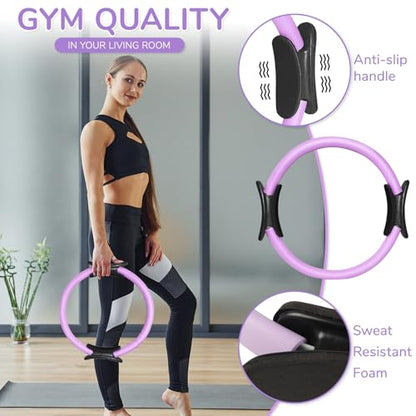TOPZGLEEY Pilates Ring Set – 14" Anti-Deformation Magic Circle with Padded Handles, Mini Ball, 5 Resistance Bands, Guide, Pilates Equipment for Home Workout - color: PURPLE