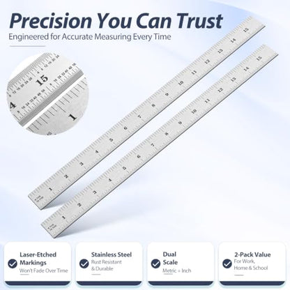 EBOOT 2 Pcs Stainless Steel Ruler Machinist Engineer Ruler with Markings 1/8, 1/16, 1/32, 1/64 Inch for Engineering, School, Office, Architect, and Drawing (16 Inch) - size: 16 Inch