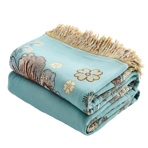 VANJOROY King Boho Throw Blanket 91" x 98", 100% Organic Cotton Breathable Skin-Friendly Ultra Soft Bed Quilt Blue Throw - Floral Rustic Decor Luxury Reversible Blanket for Sofa Couch Chair and Gift - color: Boho-flower-j, size: King (91" X 98")