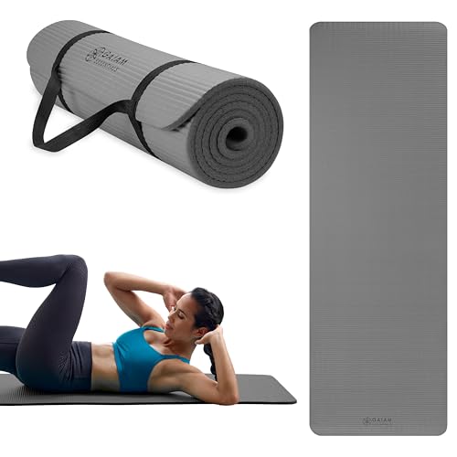 Gaiam Thick Yoga Mat, Exercise & Fitness Mat with Easy-Cinch Carrying Strap | Non-Slip NBR Foam | Joint Cushioning | Yoga, Pilates, Fitness & Floor Workouts | 72"L x 24"W - color: Grey, size: 2/5" (10MM)
