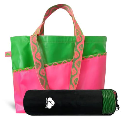 Large Foldable Waterproof Tote Bag, Heavy Duty for Beach & Swim - color: Green/Pink
