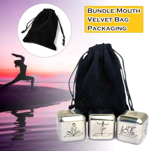 Metal Yoga Dice Set, 3Pcs Laser Engraved Yoga Pose Pattern Stainless Steel Rolling Dices with Velvet Bag for Women Yogis