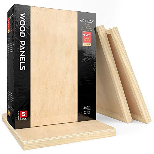 ARTEZA Wooden Canvas Board, 9x12 Inch, Pack of 5 | Unfinished Cradled Birch Wood Panels for Painting, Acrylic Pouring, Encaustic Art & Wood Burning - size: 9x12 Inch