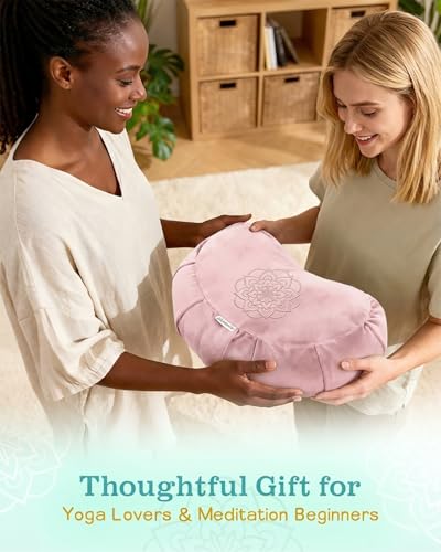 Hihealer Premium Crescent Meditation Cushion, Buckwheat Yoga Bolster Pillow - color: Pink