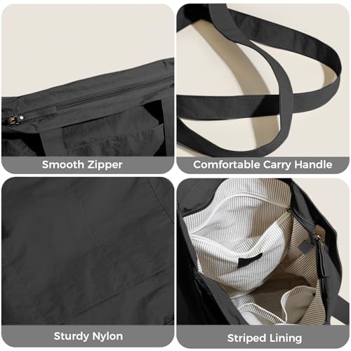 Barsine Tote Bag for Women Unisex Lightweight Nylon Totes Purses and Handbags Large Casual Shoulder Hobo for Travel Gym - color: Black