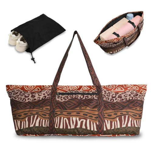Yoga Mat Bag Yoga Tote Bag with Large Waterproof Zipper Pocket and Drawstring Pocket Yoga Mat Bag Carrier Fit Most Size Mats and All You Stuff - color: brown