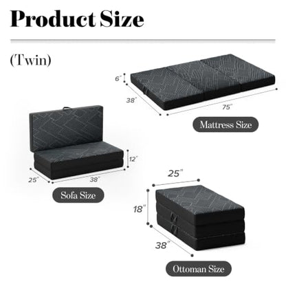 Vamcheer Folding Mattress Twin Size Foldable Mattress 6 Inch 75"x38"x6" | Tri Folding Mattress Trifold Memory Foam Mattress with Washable Cover, Handle & Non-Slip Bottom for Travel Camping Guest - size: Twin-6 inch