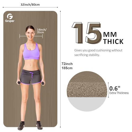 Gruper Yoga Mat Non Slip NBR Extra Thick Yoga Mat, 72"L x 32"/24"W x 0.6"/0.4"TH (185cm x 80cm/61cm x 15mm/10mm), Anti-Tear Exercise Mat with Carrying Strap and Bag, Workout Mats for Yoga, Pilates - color: Brown, size: 72 x 32 x 0.6 inches