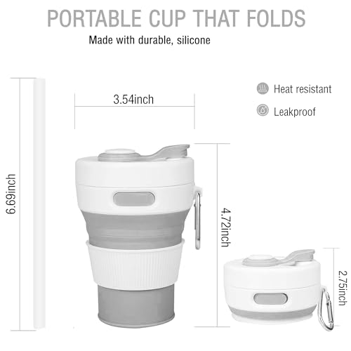 Silicone Collapsible Travel Mug Gray 15oz / 450ml - Leak-Proof Reusable Silicone Water Bottle for Hot and Cold Beverages - Travel Office and Home - Dishwasher Safe - Straw Included - color: Gray