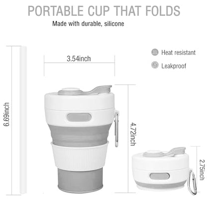 Silicone Collapsible Travel Mug Gray 15oz / 450ml - Leak-Proof Reusable Silicone Water Bottle for Hot and Cold Beverages - Travel Office and Home - Dishwasher Safe - Straw Included - color: Gray