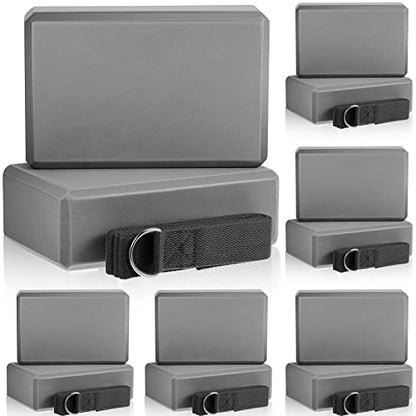 Meooeck 18 Pcs Yoga Blocks and Strap Set Include 12 EVA Foam Yoga Blocks Bulk 9"x6"x3" with 6 Adjustable 8 ft Straps D Ring Non Slip Props for Stretching Pilates Workout Studio Home Gym - color: Grey