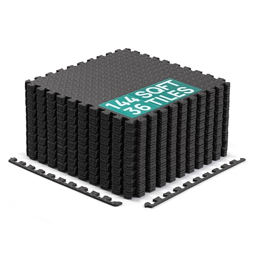 Yes4All 24SQFT-120SQFT Puzzle Exercise Mat for Home Gym, EVA Interlocking Foam Floor Tiles with Border for Workout Equipment - color: Black, style: E. 7/16" Thick, 144SQFT