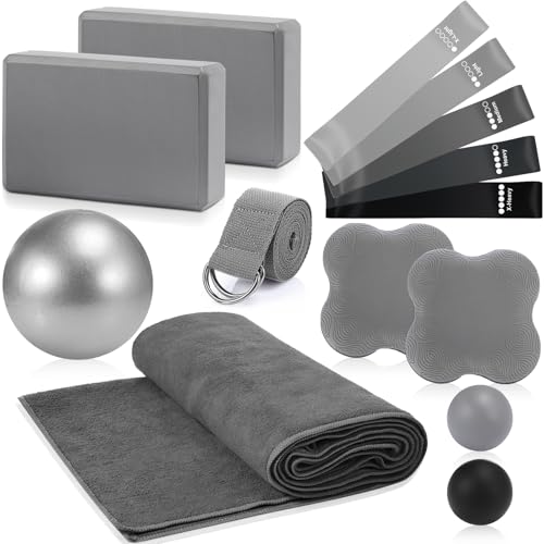 Simgoing 14 Pcs Yoga Kits for Home Workouts Pilates Equipment Set for Women Beginners, Hot Yoga Towel Blocks Strap, Knee Pad, Resistance Loop Exercise Band, Massage Lacrosse Ball, Pilates Ball - color: Gray